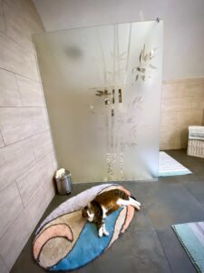 Chat couché sur tapis dans salle de bain.