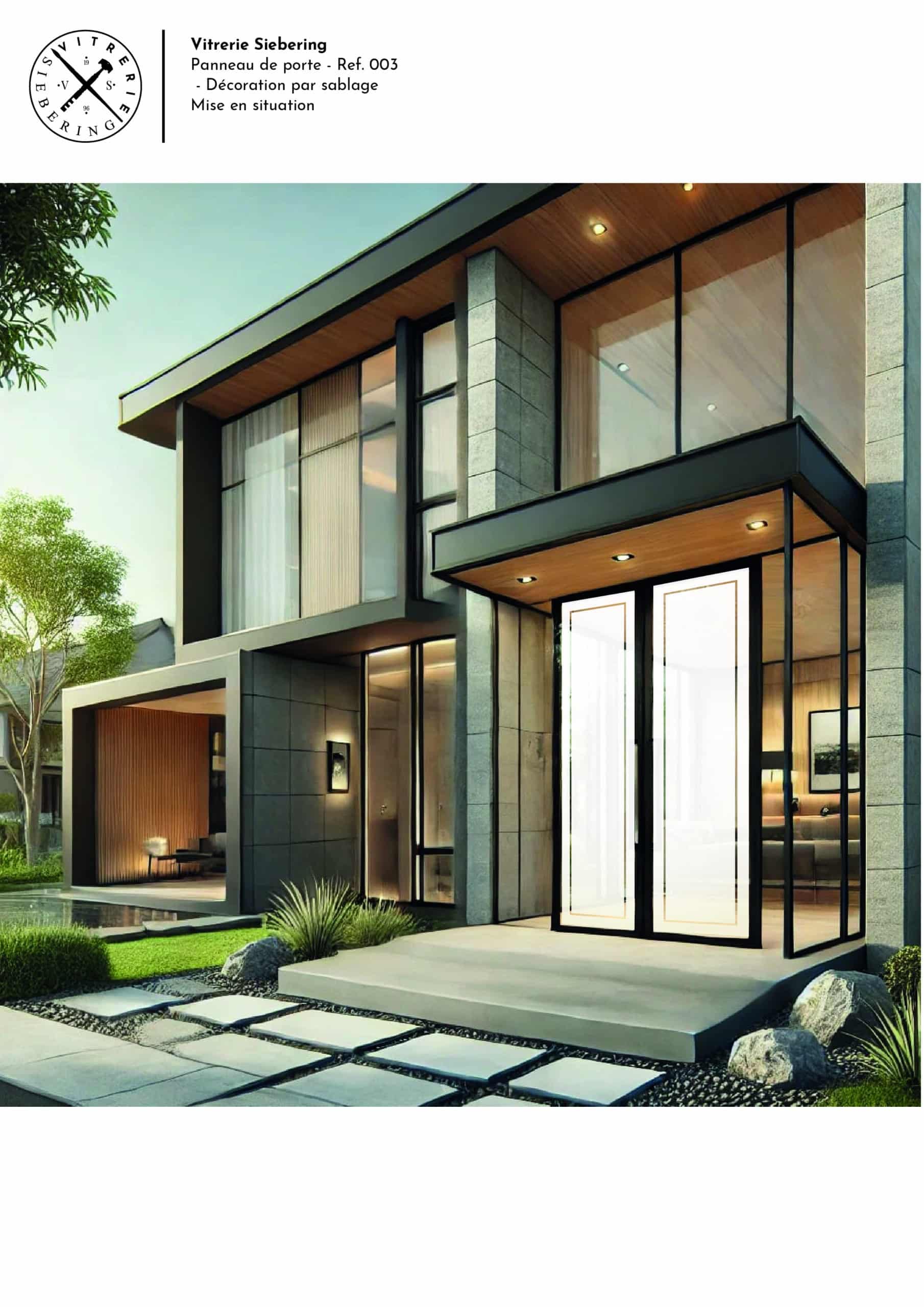 Mise en situation d'un décor sablé pour porte d'entrée d'une maison minimaliste.