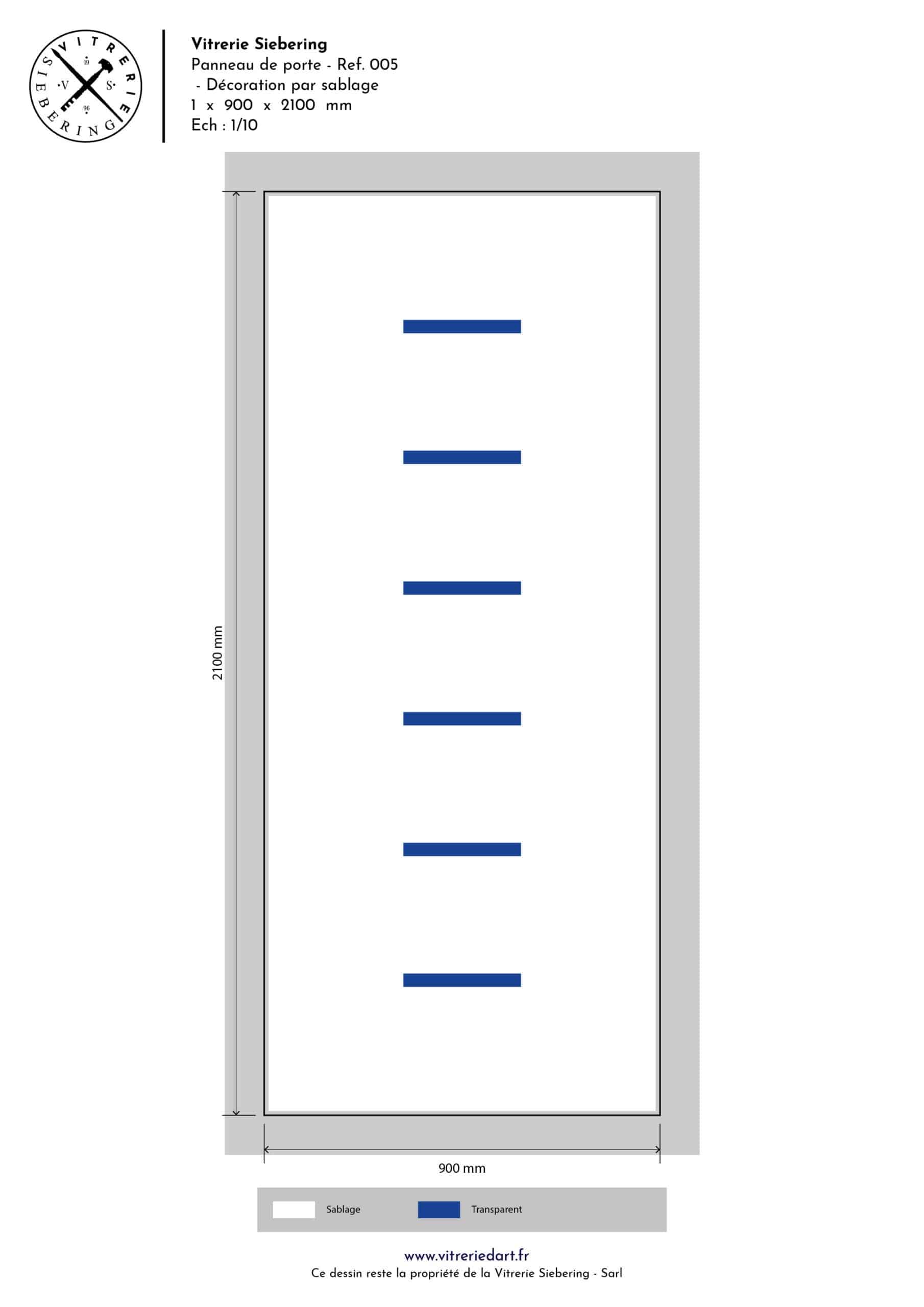 Plan d'un décor de sablage pour double vitrage de porte d'entrée.  Représentation de six rectangles.