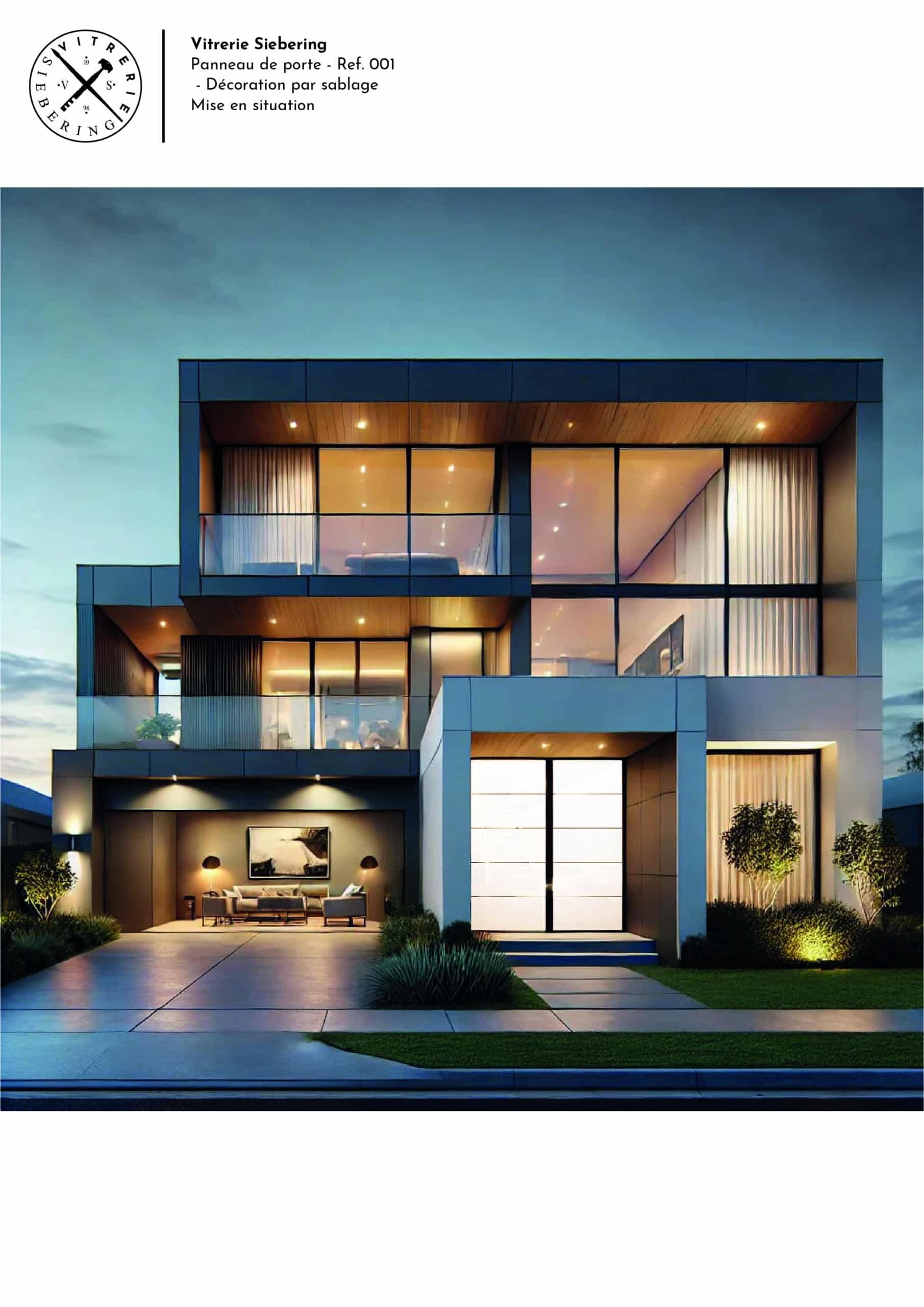 Mise en situation d'un décor sablé pour porte d'entrée d'une maison sur plusieurs étages avec porte d'entrée sablé en majorité pour garder beaucoup d'intimité.