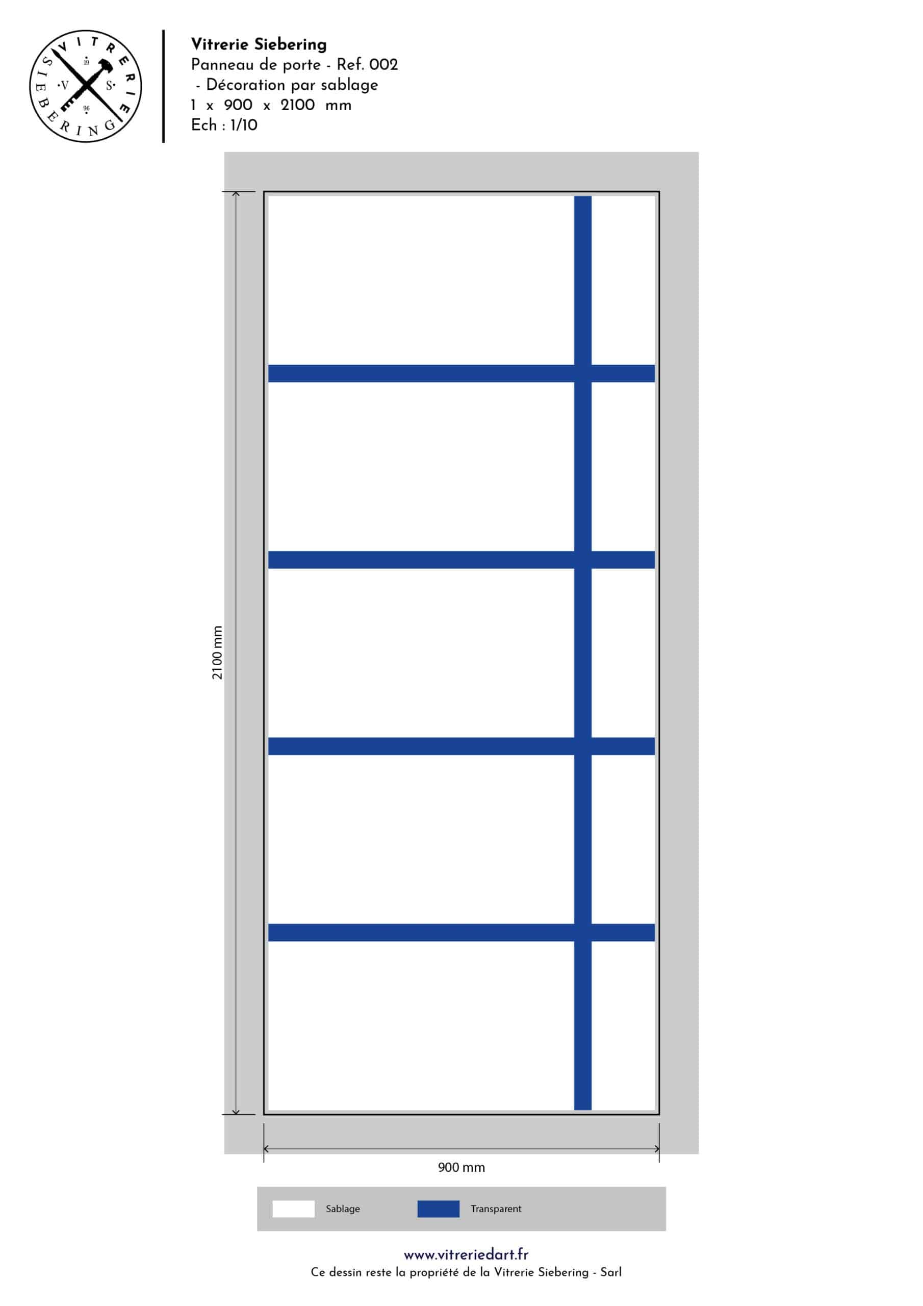 Plan d'un décor de sablage pour double vitrage de porte d'entrée. Représentation de croisillons transparents.